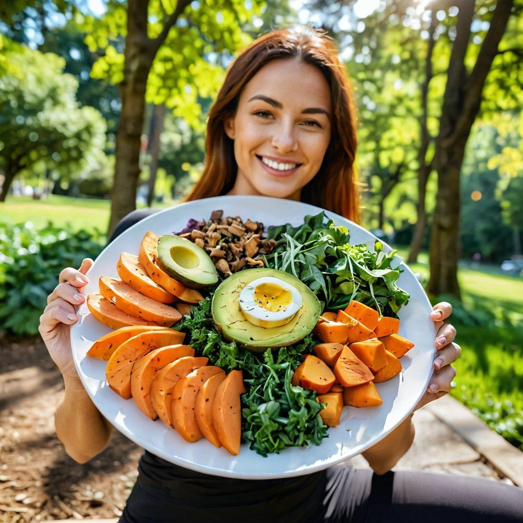 A colorful plate filled with nutrient-rich foods specifically targeting glute health, including sweet potatoes, avocados, leafy greens, and lean proteins. In the background, an athletic woman joyfully exercising in a lush park, representing vitality and strength. Bright sunlight filters through the trees, creating an uplifting atmosphere. Offer a balance of vibrant colors and natural elements to emphasize health and wellness. super-realistic. vibrant colors. outdoor setting.