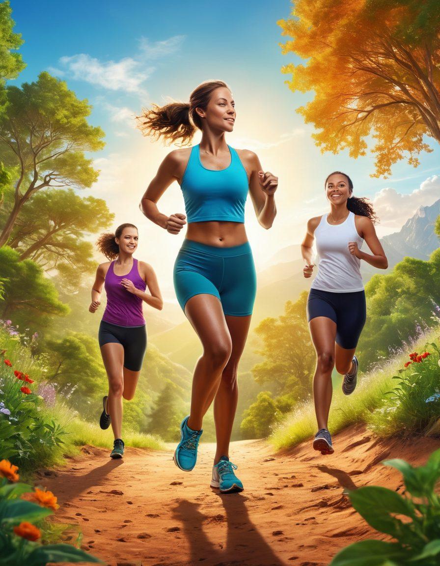 A vibrant scene depicting diverse people engaging in various physical activities, such as running, yoga, biking, and hiking, set against a bright and sunny background. Include motivational quotes subtly integrated into the landscape, with greenery and dynamic movements conveying energy and enthusiasm. The image should radiate positivity, health, and vitality, emphasizing community and teamwork. super-realistic. vibrant colors. white background.